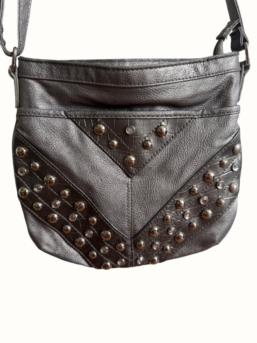 Cato Black Studded Faux Leather Crossbody Bag Adjustable Strap Chevron Design